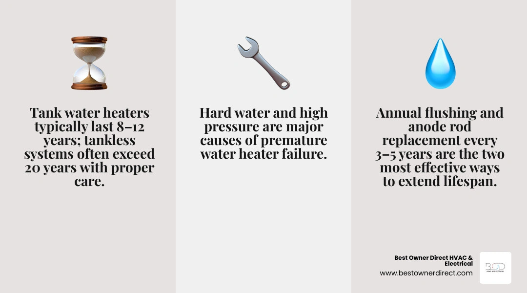 infographic showing water heater lifespan factors including maintenance, water quality, and heater type infographic infographic showing water heater lifespan factors including maintenance, water quality, and heater type infographic