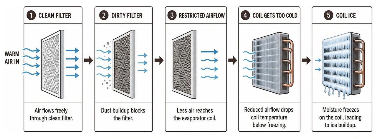 Diagram showing airflow restriction through dirty filter leading to coil ice Diagram showing airflow restriction through dirty filter leading to coil ice