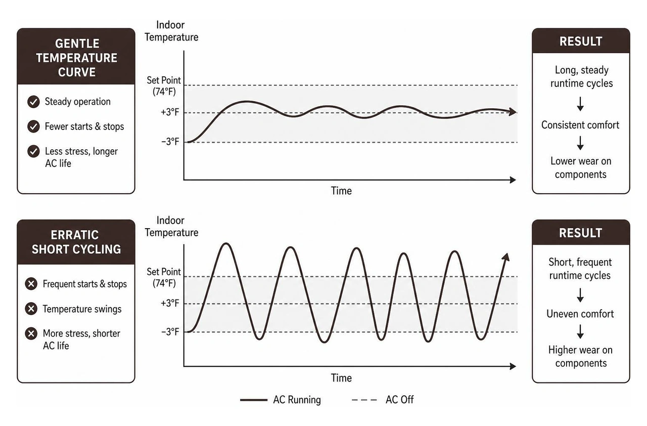 Comparison diagram of gentle temperature curve vs erratic short cycling Comparison diagram of gentle temperature curve vs erratic short cycling