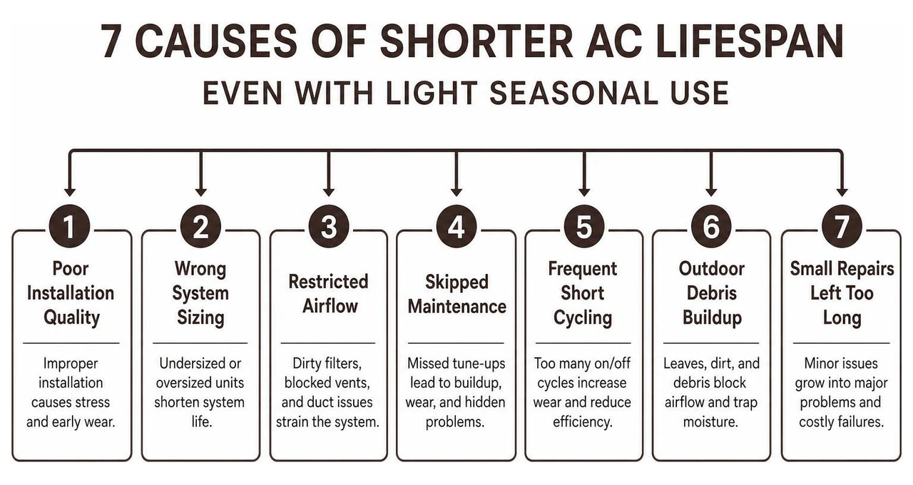Infographic showing seven causes of shorter AC lifespan with light seasonal use Infographic showing seven causes of shorter AC lifespan with light seasonal use