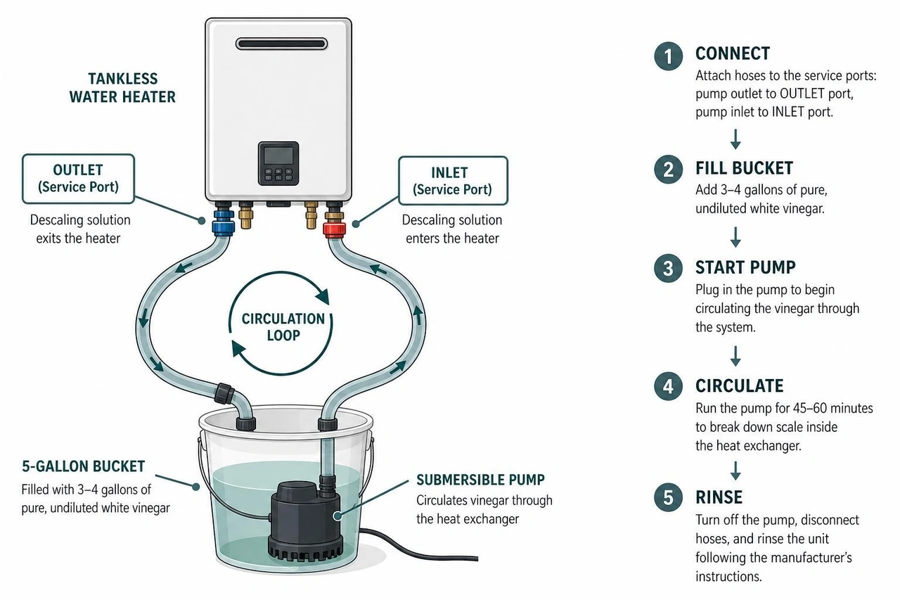 Descaling a tankless water heater diagram showing pump, bucket, and vinegar circulation loop