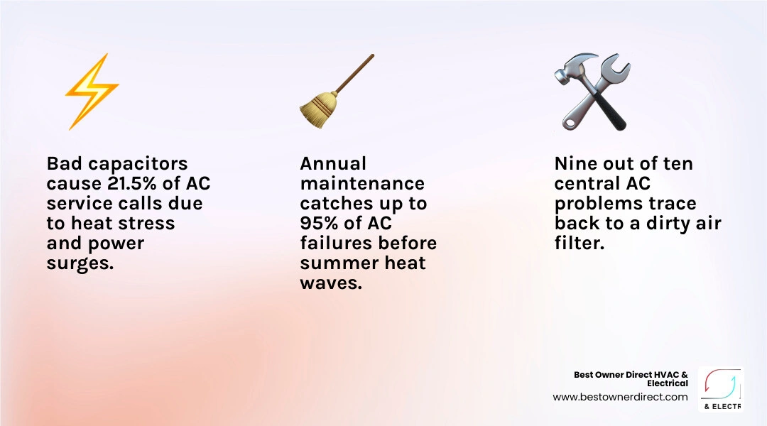 infographic showing common AC system failure points on a central air conditioner diagram with repair causes listed infographic showing common AC system failure points on a central air conditioner diagram with repair causes listed
