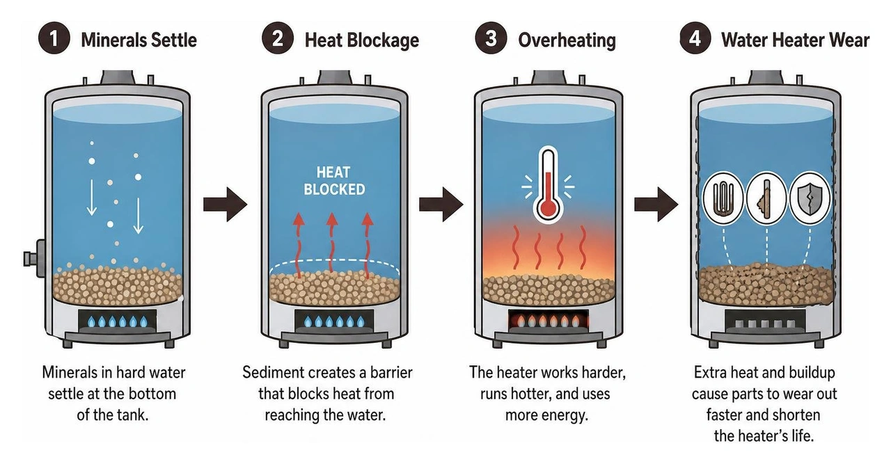 Infographic showing minerals settling, heat blockage, overheating, and water heater wear Infographic showing minerals settling, heat blockage, overheating, and water heater wear
