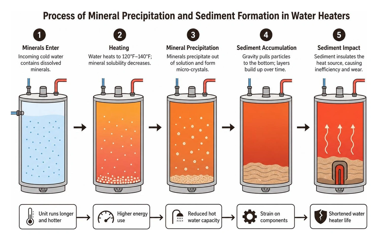 Process of mineral precipitation and sediment formation in water heaters Process of mineral precipitation and sediment formation in water heaters