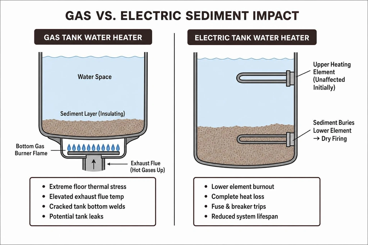 Comparison of gas water heater bottom thermal stress versus electric water heater lower element burial Comparison of gas water heater bottom thermal stress versus electric water heater lower element burial
