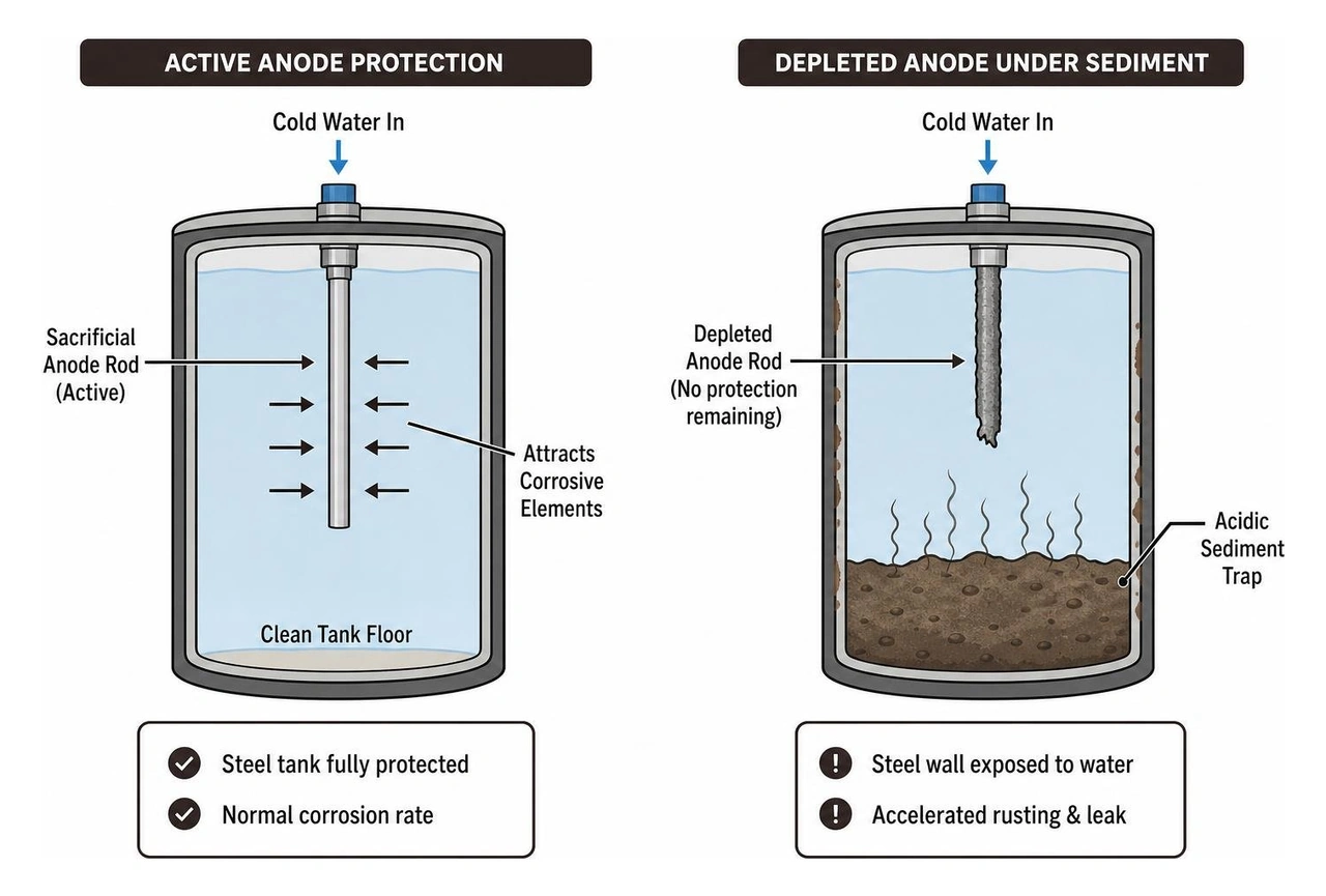 Diagram showing active sacrificial anode rod protection versus depleted rod buried under acidic sediment Diagram showing active sacrificial anode rod protection versus depleted rod buried under acidic sediment