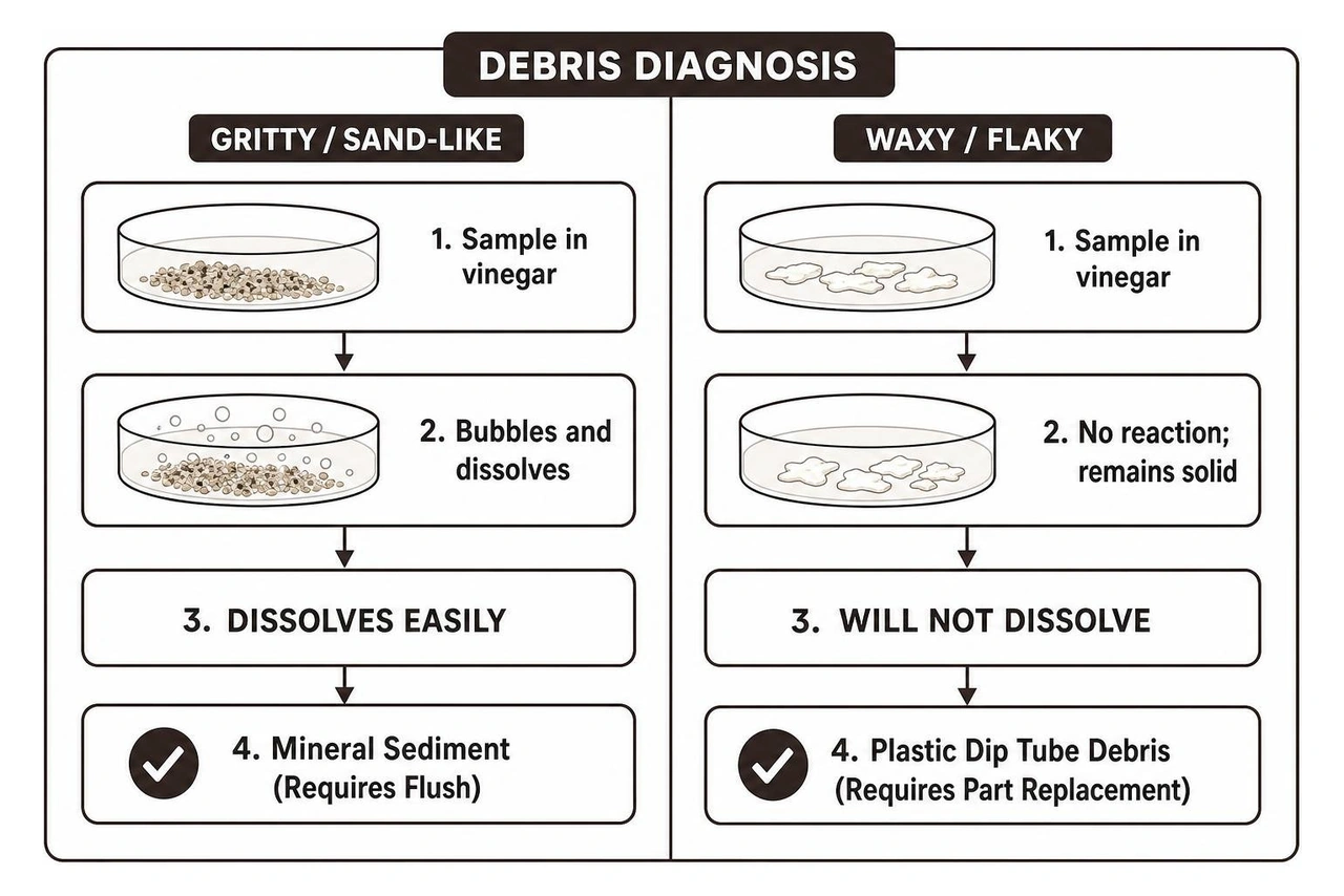 Comparison of mineral sediment dissolving in vinegar versus plastic dip tube flakes remaining solid Comparison of mineral sediment dissolving in vinegar versus plastic dip tube flakes remaining solid