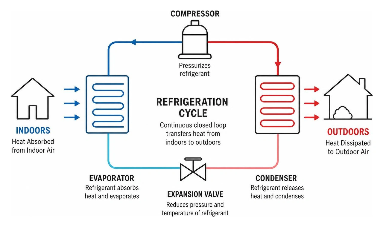Refrigeration cycle showing heat absorption indoors and heat dissipation outdoors Refrigeration cycle showing heat absorption indoors and heat dissipation outdoors