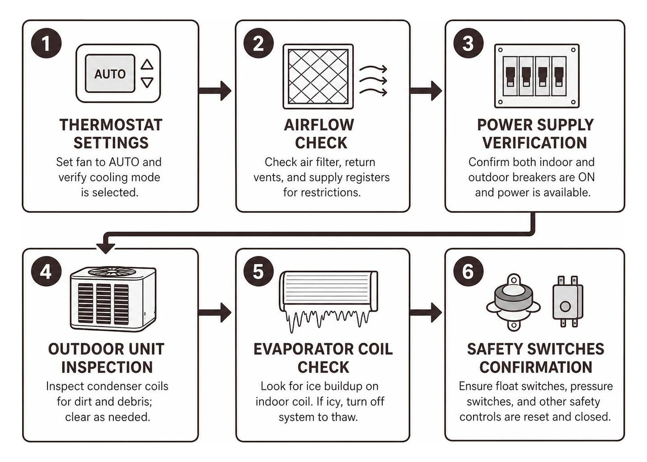 Step by step HVAC troubleshooting workflow from thermostat to safety switches Step by step HVAC troubleshooting workflow from thermostat to safety switches