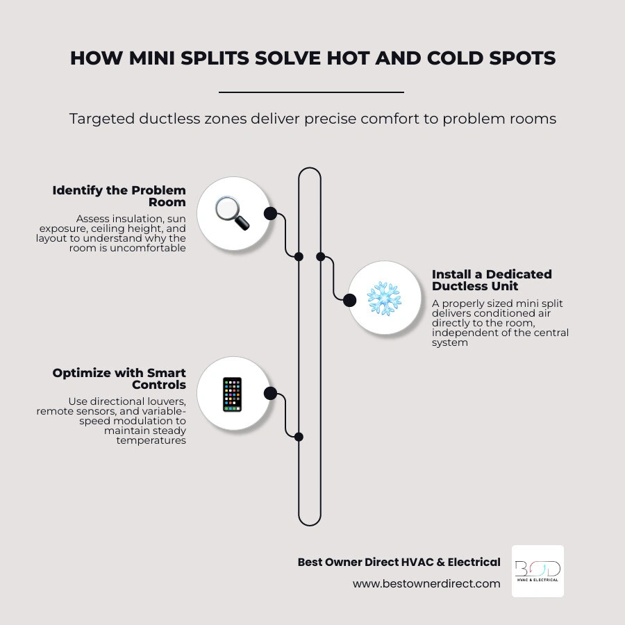Infographic showing ductless zones correcting hot and cold rooms infographic Infographic showing ductless zones correcting hot and cold rooms infographic