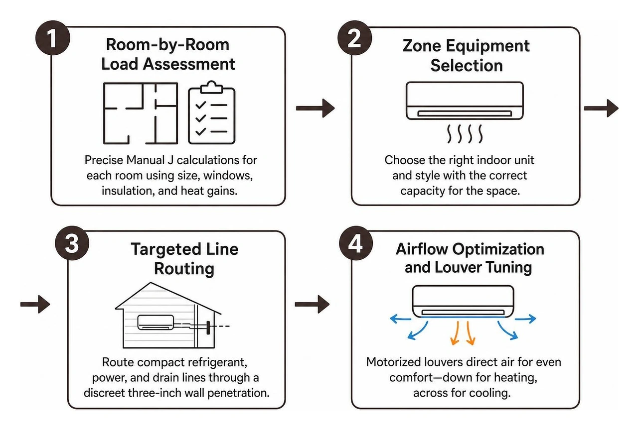Step by step process diagram for room by room mini split load sizing and installation Step by step process diagram for room by room mini split load sizing and installation