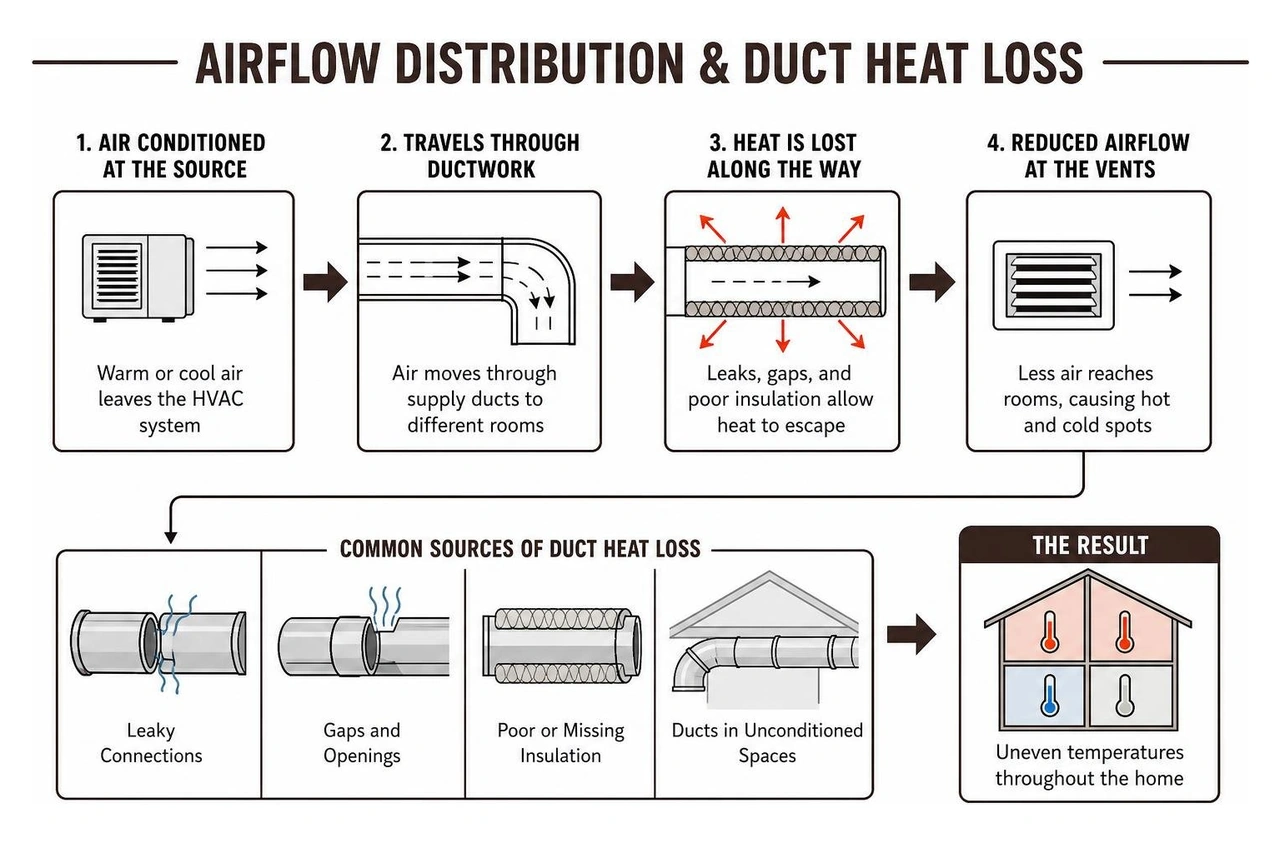 Process diagram showing airflow distribution and duct heat loss Process diagram showing airflow distribution and duct heat loss