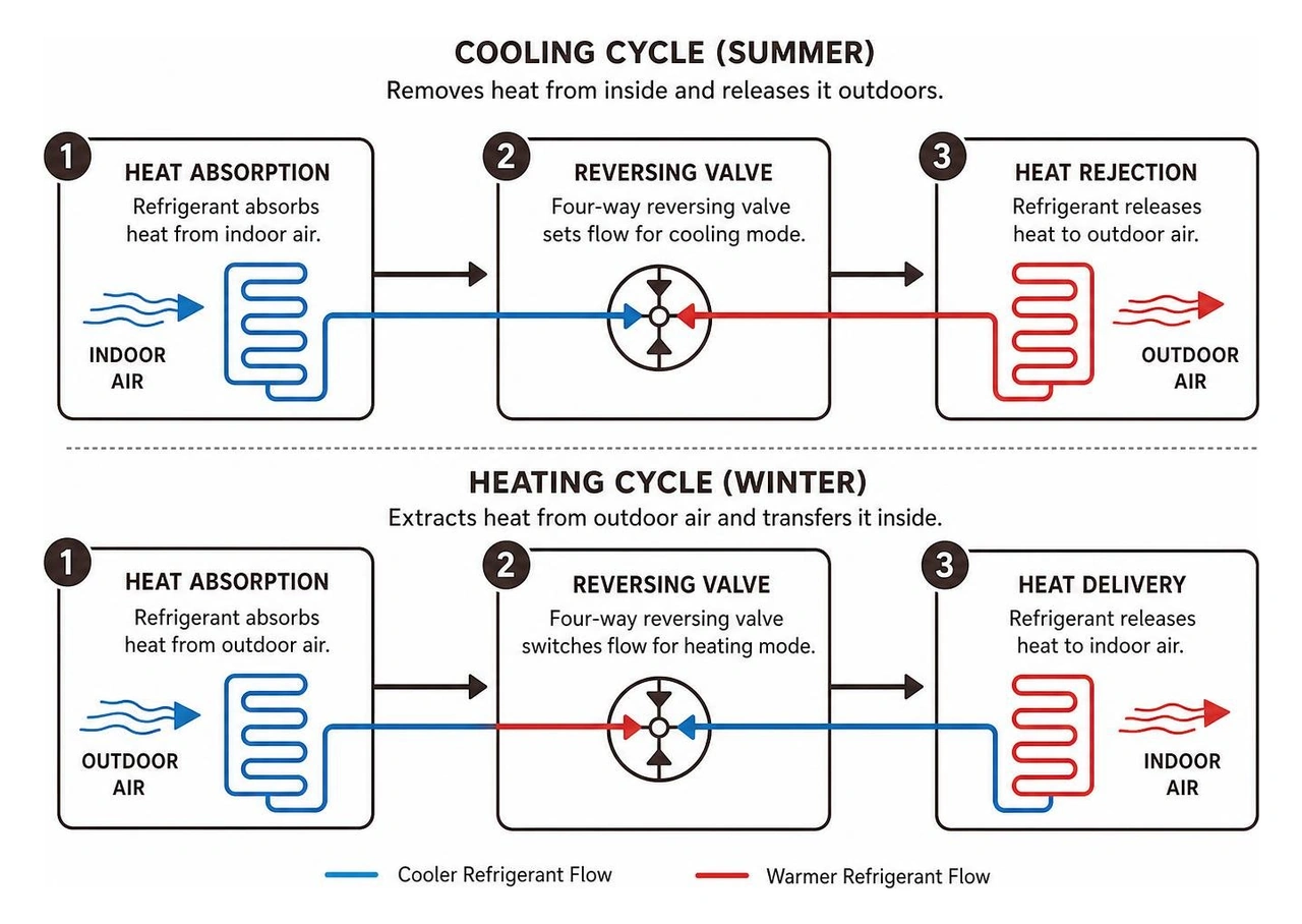 Heat pump cooling and heating cycle process