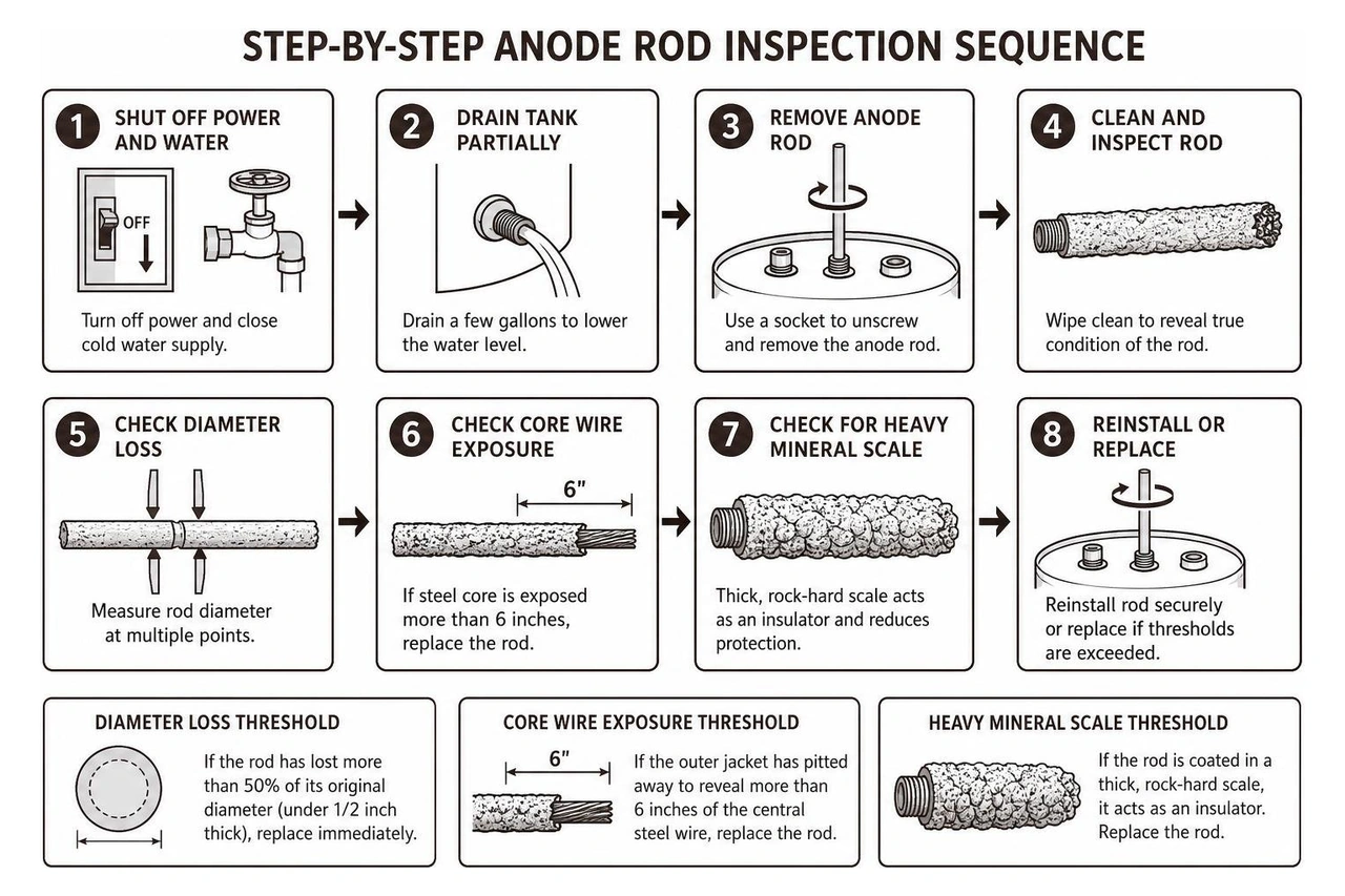 Step-by-step anode rod inspection sequence Step-by-step anode rod inspection sequence