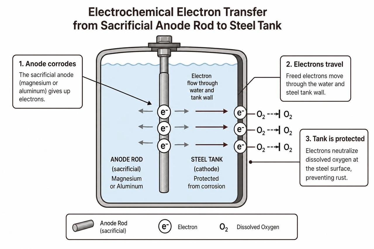 Electrochemical electron transfer from sacrificial anode rod to steel tank Electrochemical electron transfer from sacrificial anode rod to steel tank