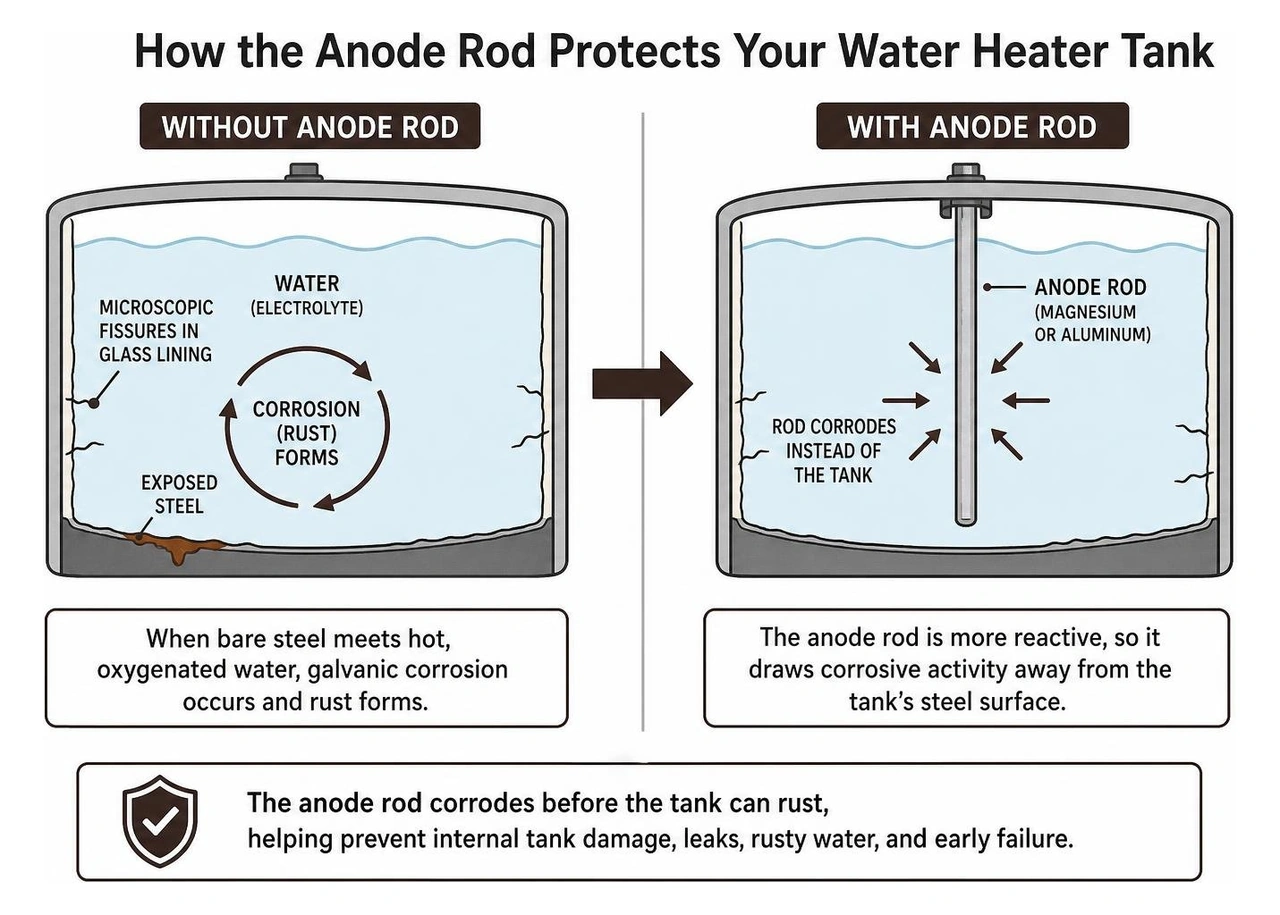 Infographic showing anode rod corrosion protection inside a water heater tank Infographic showing anode rod corrosion protection inside a water heater tank