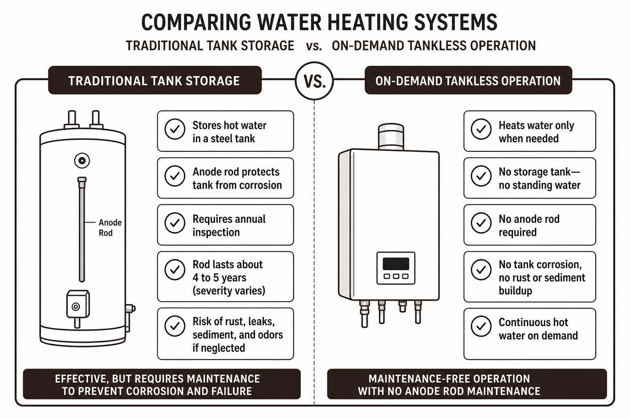 Comparing traditional tank storage with on-demand tankless operation Comparing traditional tank storage with on-demand tankless operation