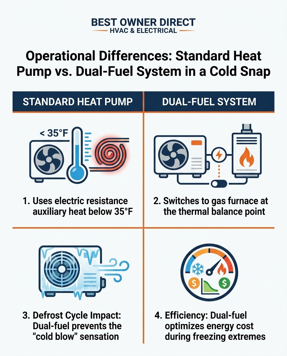 Operational Differences: Standard Heat Pump vs. Dual-Fuel System in a Cold Snap