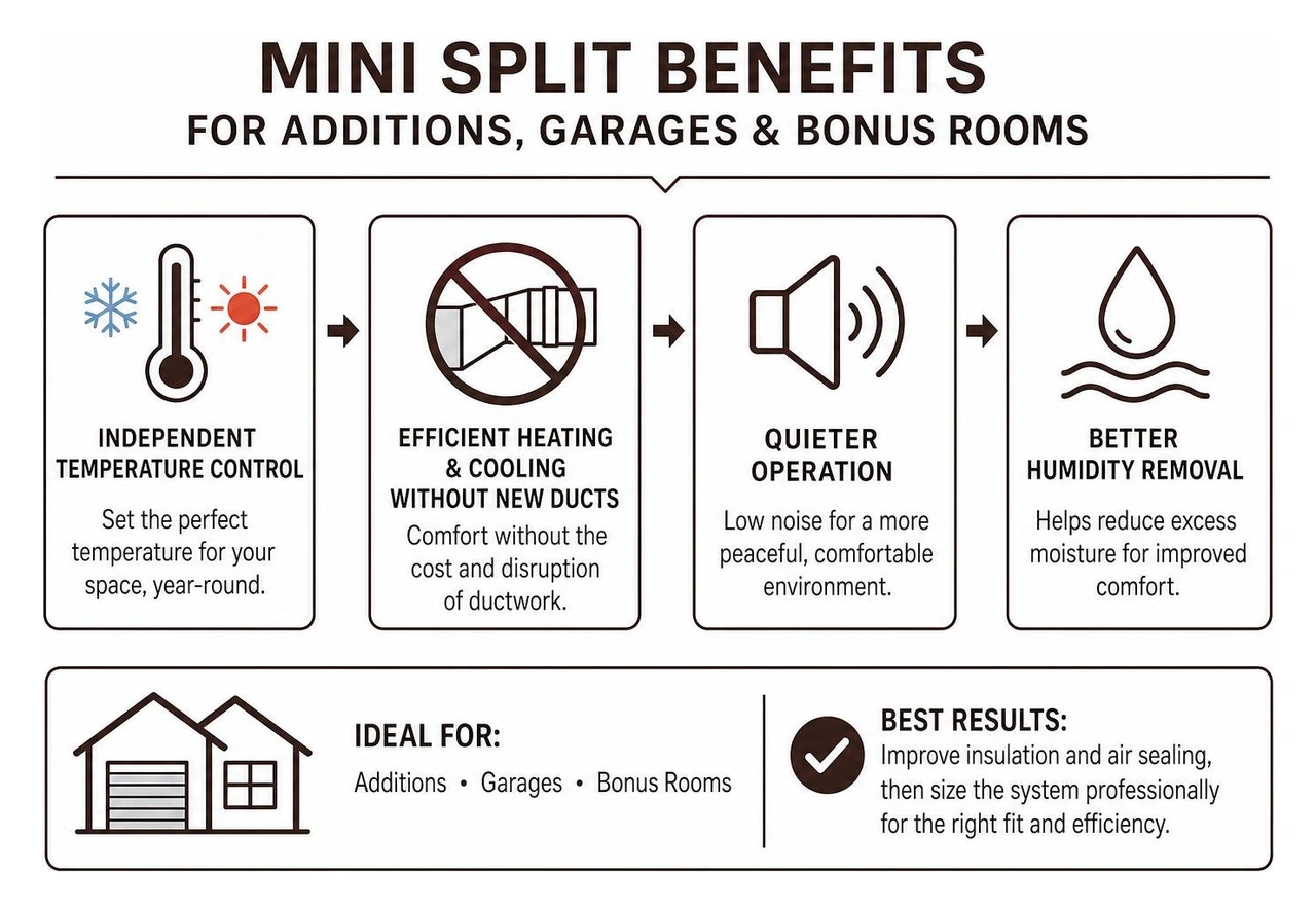 infographic showing mini split benefits for garages additions and bonus rooms infographic showing mini split benefits for garages additions and bonus rooms