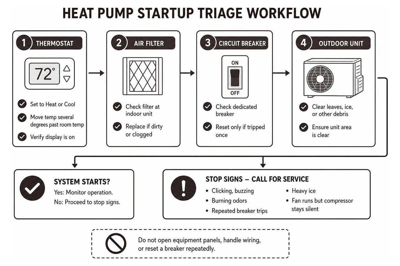 Heat pump startup triage workflow Heat pump startup triage workflow