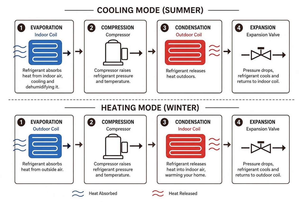 Step by step cycle showing cooling and heating phases Step by step cycle showing cooling and heating phases