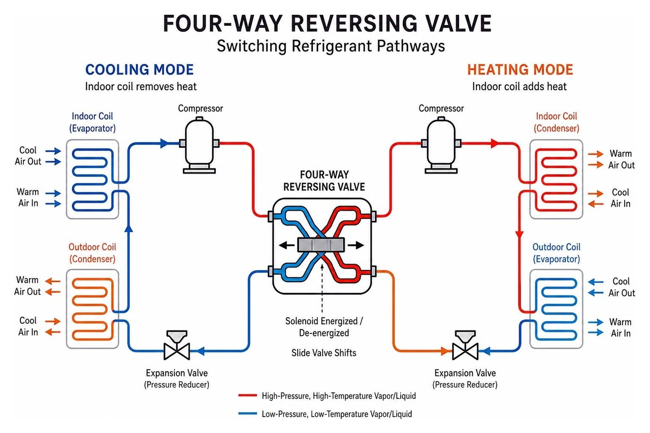 Diagram of a four-way reversing valve switching refrigerant pathways Diagram of a four-way reversing valve switching refrigerant pathways