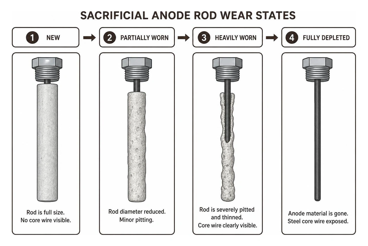 sacrificial anode rod wear states from new to fully depleted sacrificial anode rod wear states from new to fully depleted