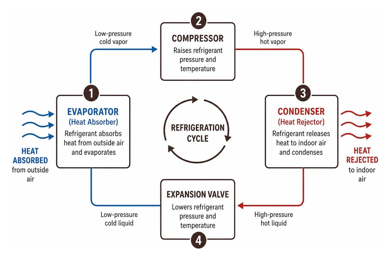 Refrigeration cycle heat absorption and heat rejection process Refrigeration cycle heat absorption and heat rejection process