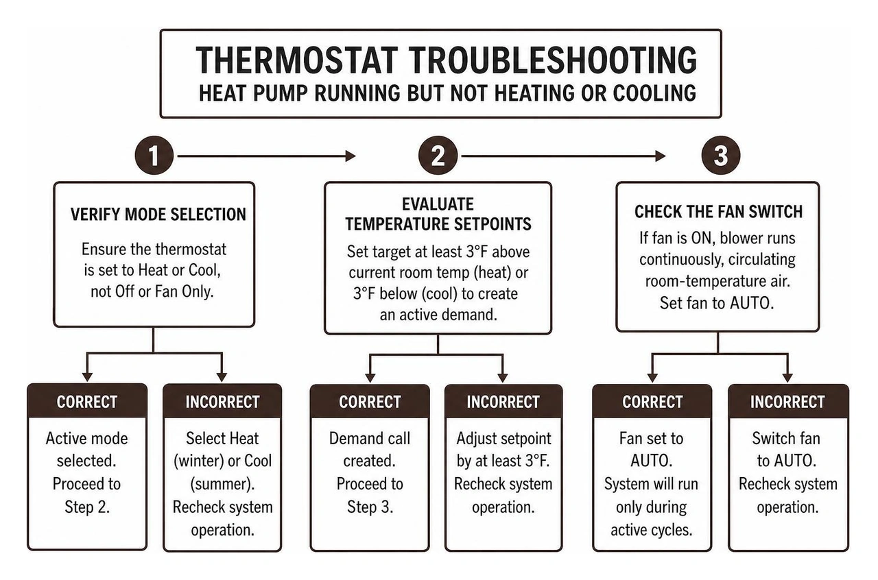 Thermostat troubleshooting decision tree for heat pump temperature failure Thermostat troubleshooting decision tree for heat pump temperature failure