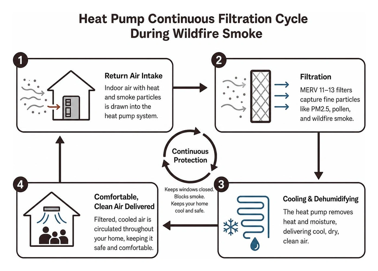 Heat pump continuous filtration cycle during wildfire smoke