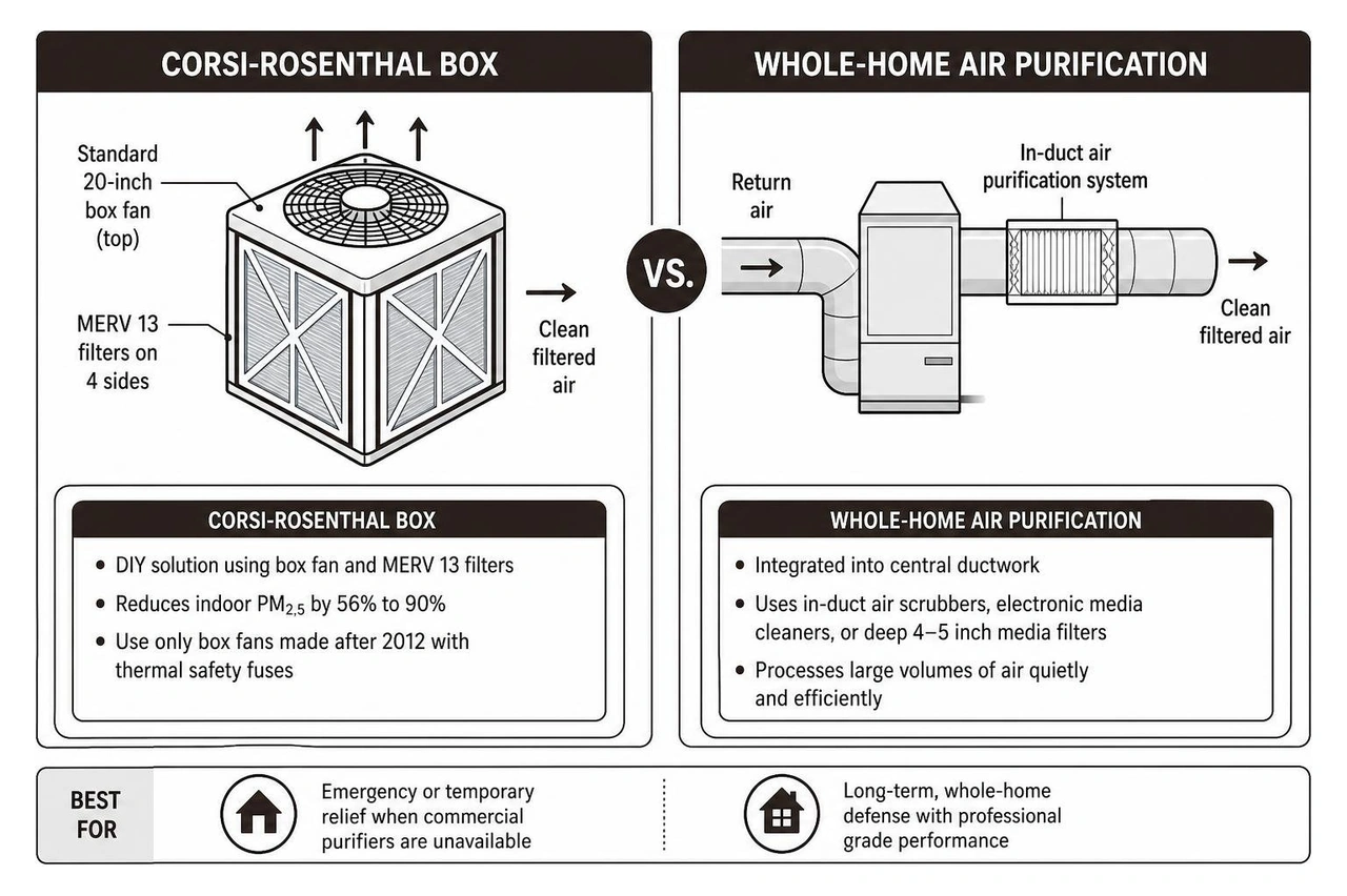 Corsi-Rosenthal box vs whole-home air purification diagram Corsi-Rosenthal box vs whole-home air purification diagram