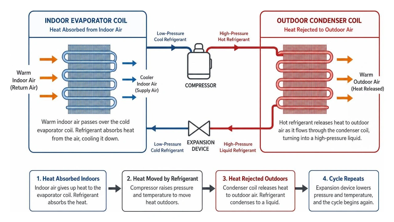 diagram of heat transfer process across indoor evaporator coil and outdoor condenser diagram of heat transfer process across indoor evaporator coil and outdoor condenser