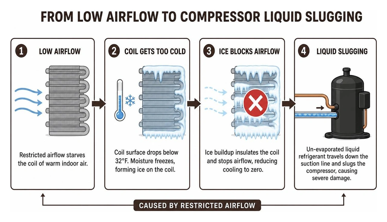 diagram showing the progression from low airflow to frozen coils and compressor liquid slugging diagram showing the progression from low airflow to frozen coils and compressor liquid slugging