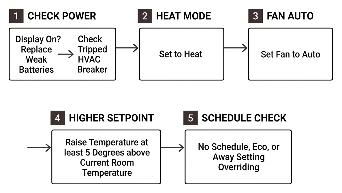 Thermostat troubleshooting workflow: power, heat mode, fan auto, higher setpoint, schedule check Thermostat troubleshooting workflow: power, heat mode, fan auto, higher setpoint, schedule check