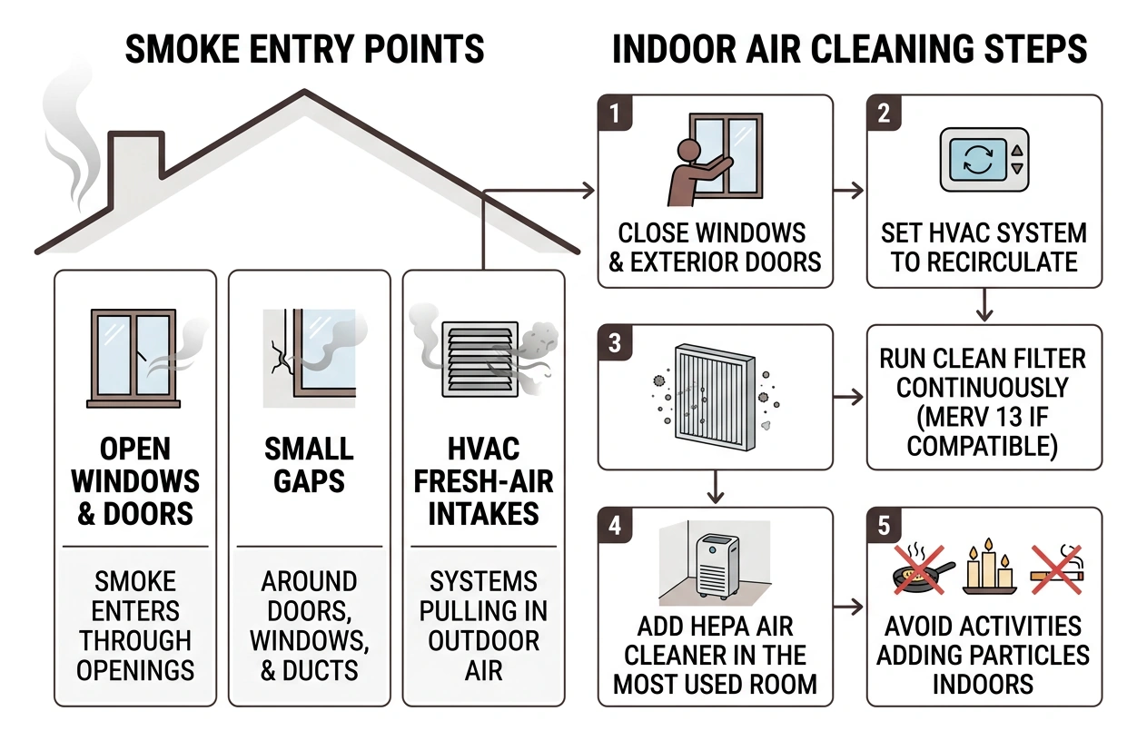 Infographic showing smoke entry points and indoor air cleaning steps Infographic showing smoke entry points and indoor air cleaning steps