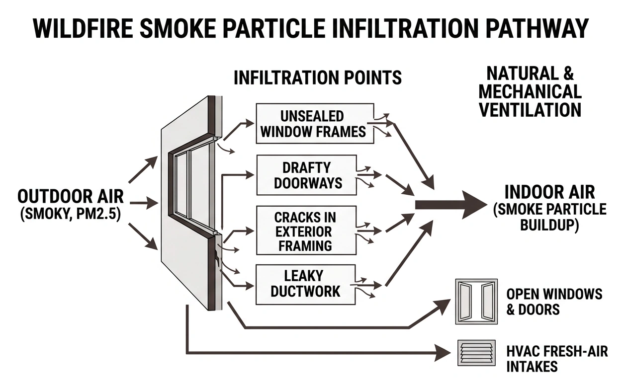 wildfire smoke particle infiltration pathway through building gaps wildfire smoke particle infiltration pathway through building gaps