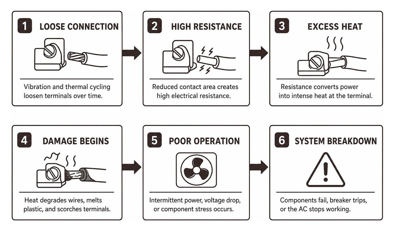 Cause and effect sequence of loose wiring leading to terminal heat and system breakdown Cause and effect sequence of loose wiring leading to terminal heat and system breakdown