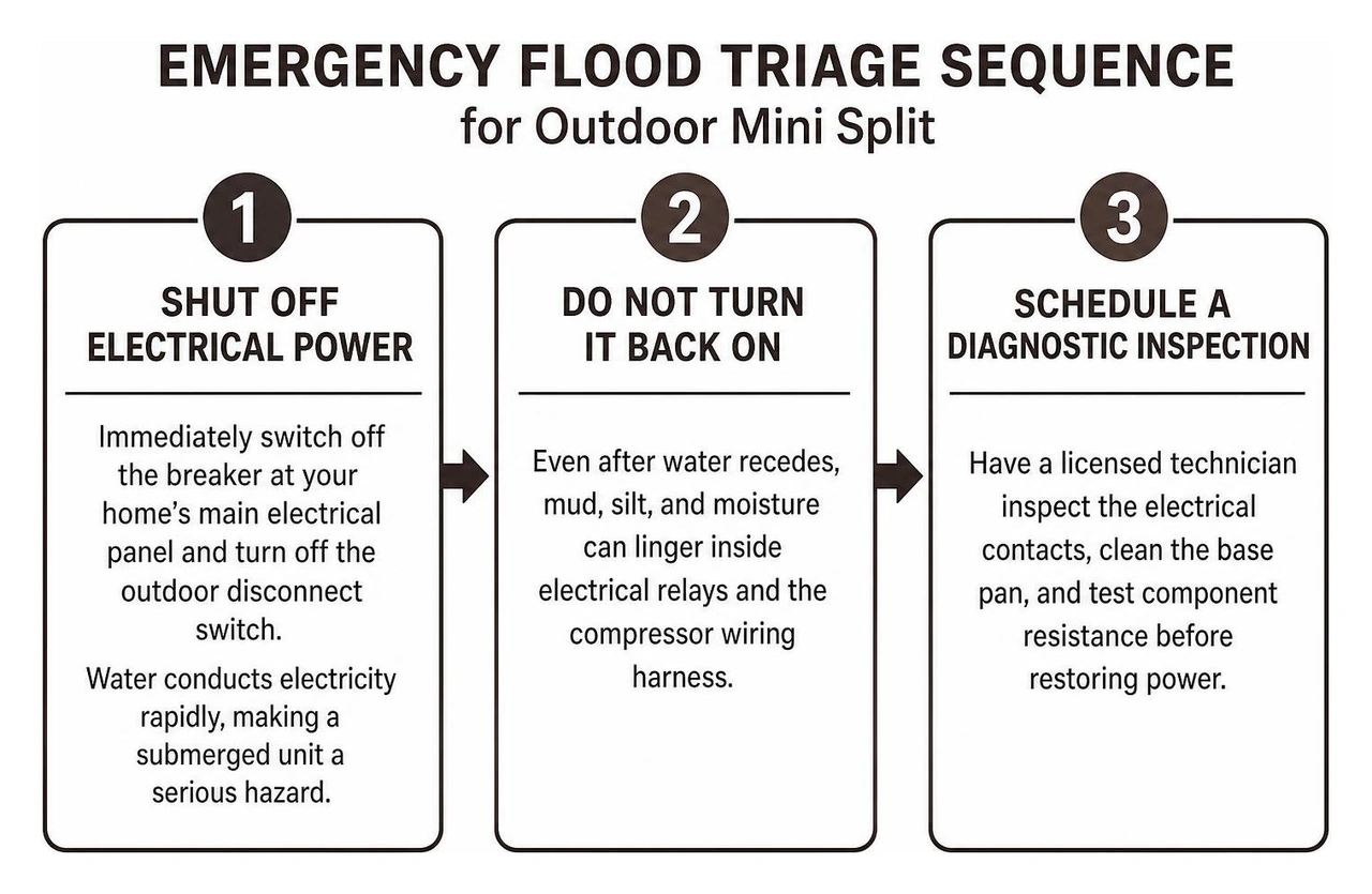Emergency flood triage sequence for outdoor mini split