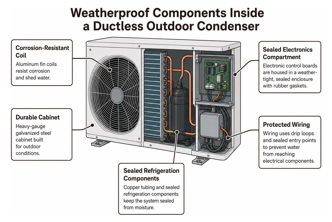 Weatherproof components inside a ductless outdoor condenser