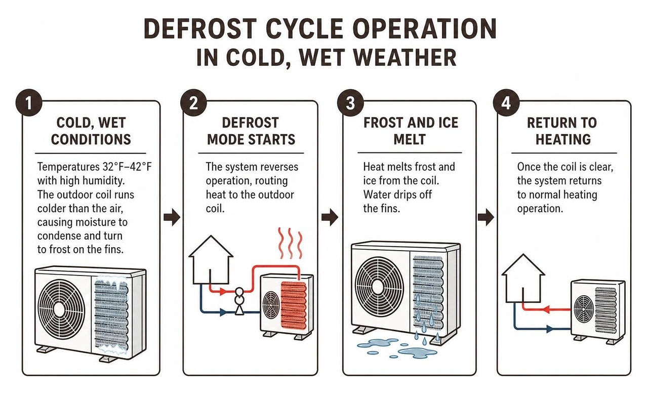 Defrost cycle operation in cold wet weather