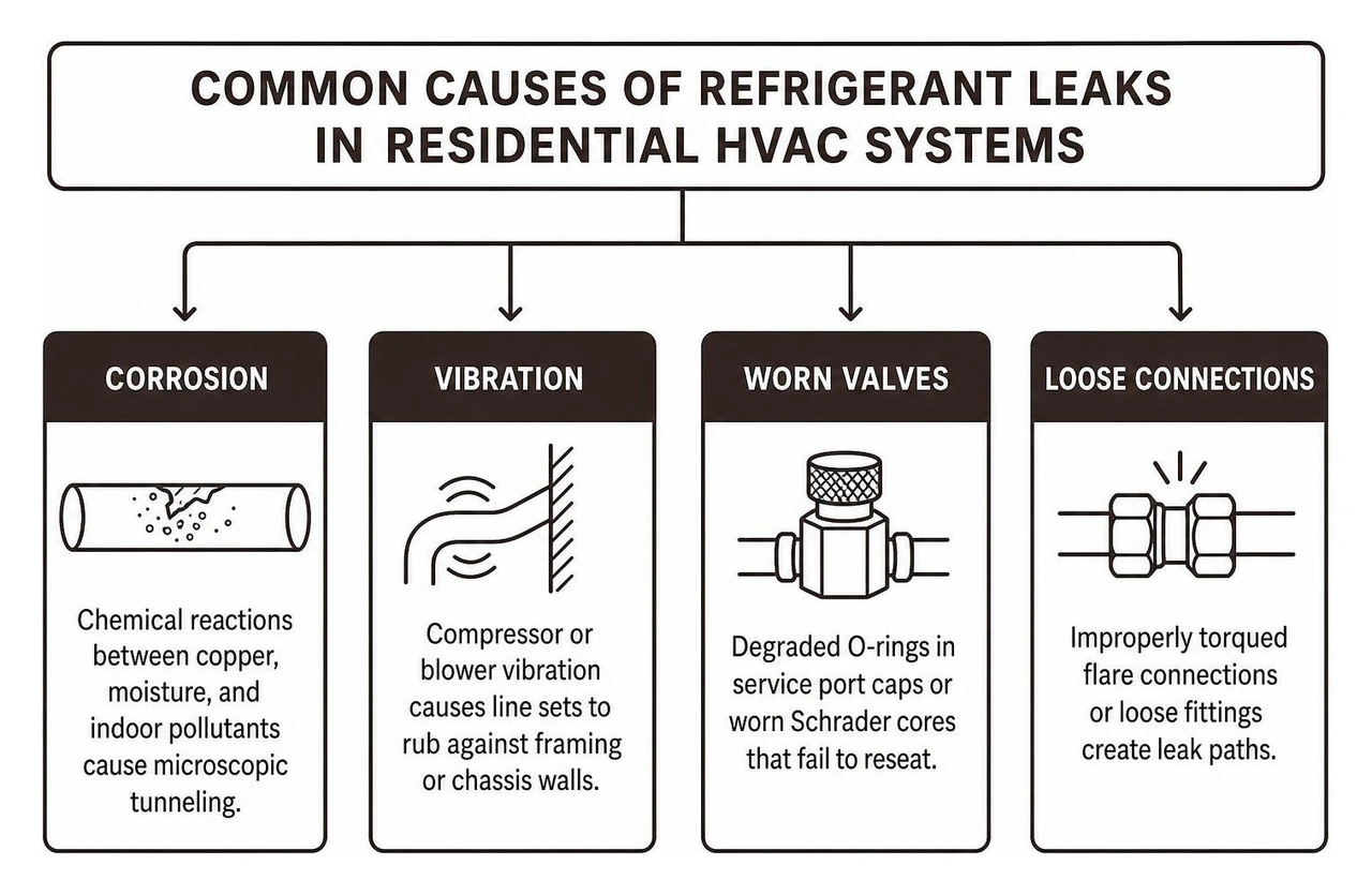 Common causes of refrigerant leaks in residential HVAC systems Common causes of refrigerant leaks in residential HVAC systems