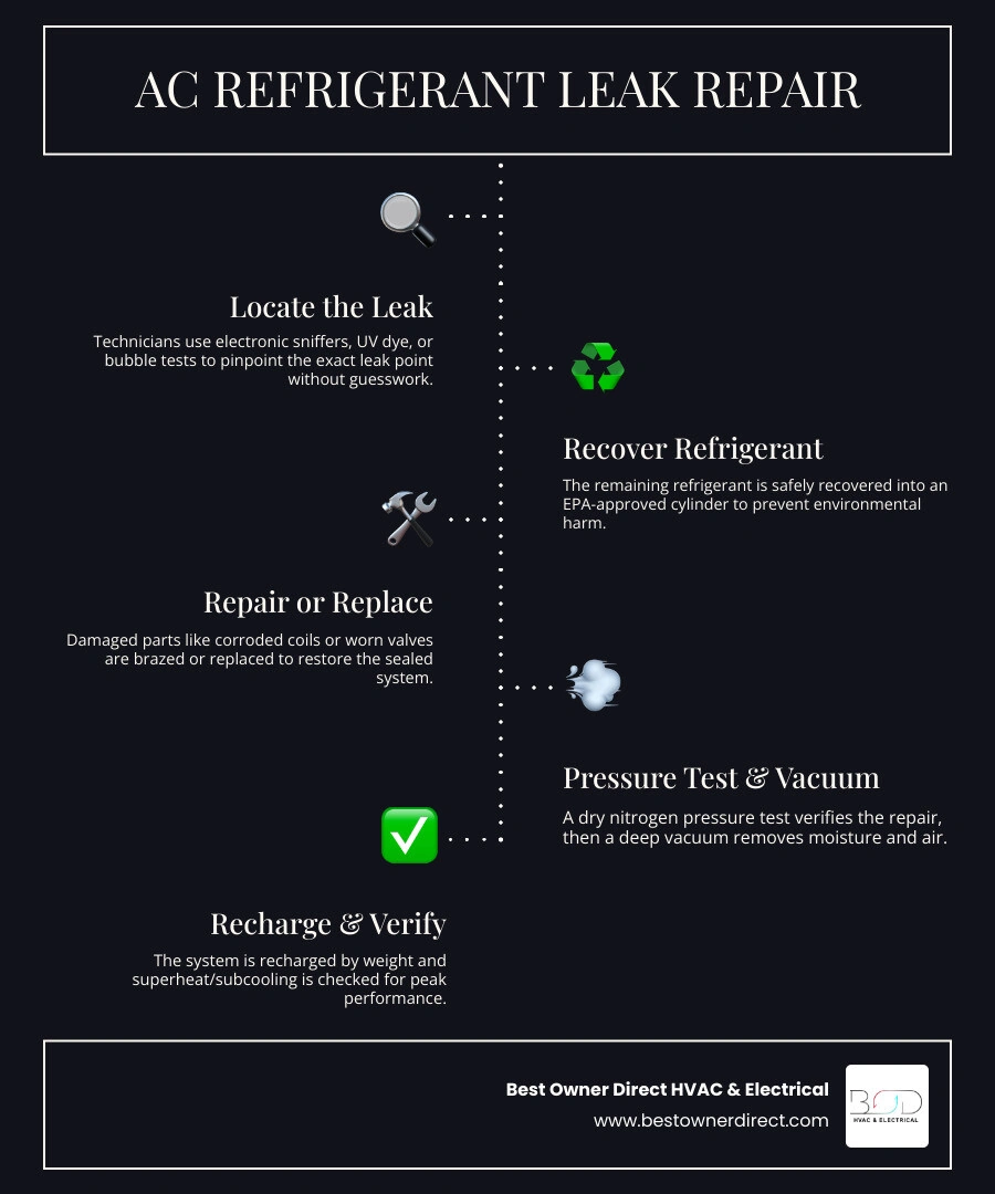 AC refrigerant leak causes and professional repair steps infographic AC refrigerant leak causes and professional repair steps infographic