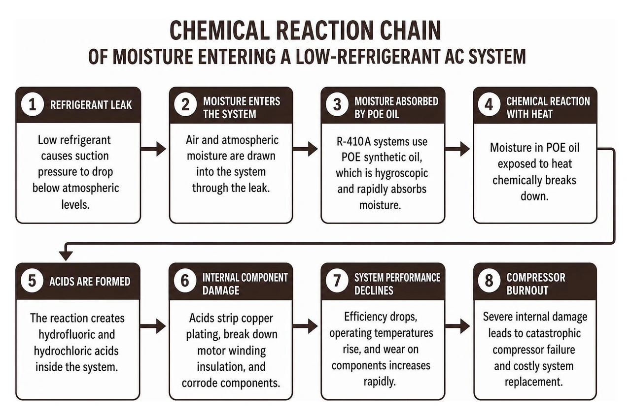 Chemical reaction chain of moisture entering a low-refrigerant AC system Chemical reaction chain of moisture entering a low-refrigerant AC system