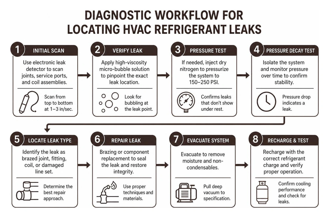 Diagnostic workflow for locating HVAC refrigerant leaks Diagnostic workflow for locating HVAC refrigerant leaks