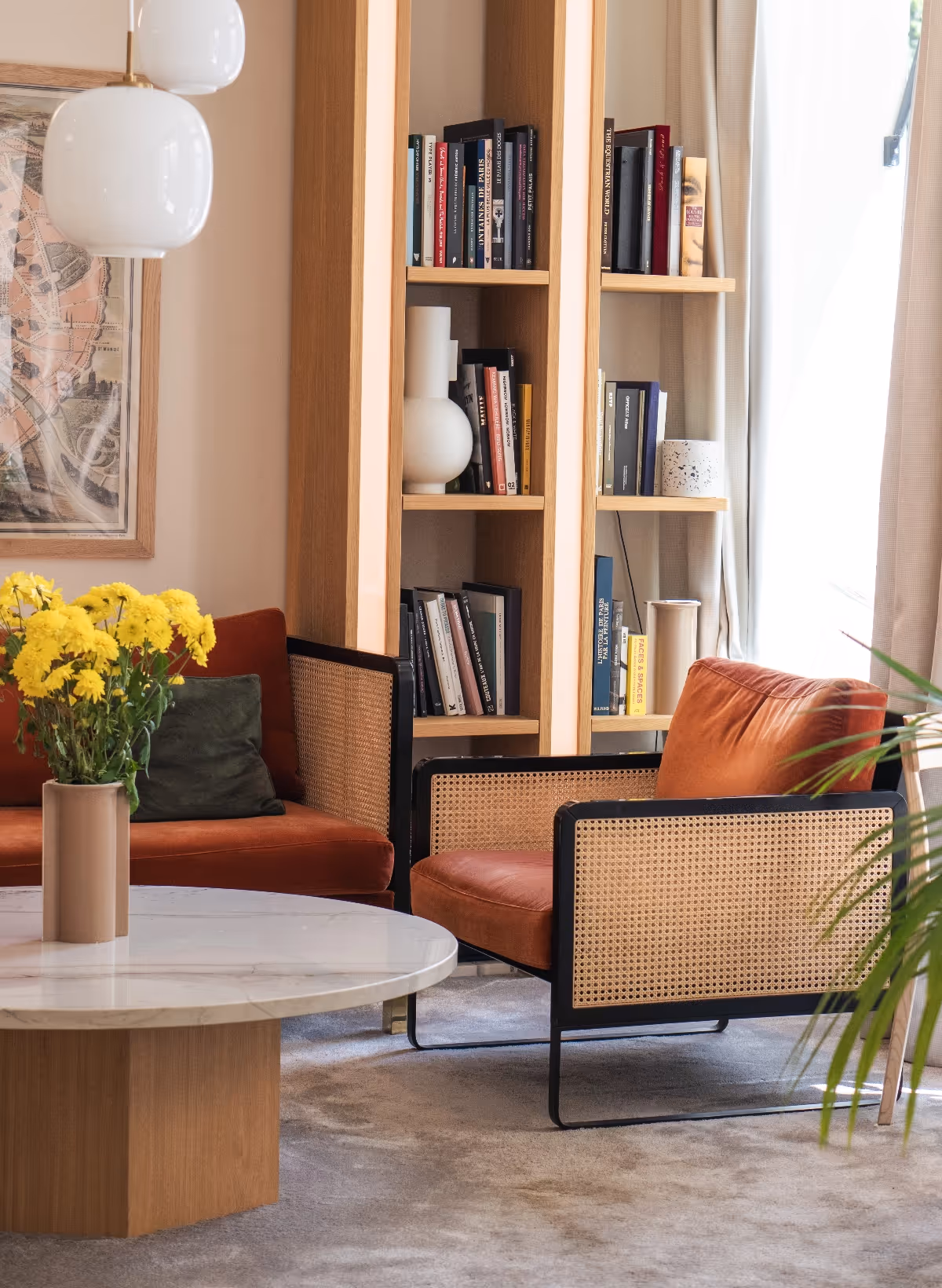 salle d'être avec estante et livres