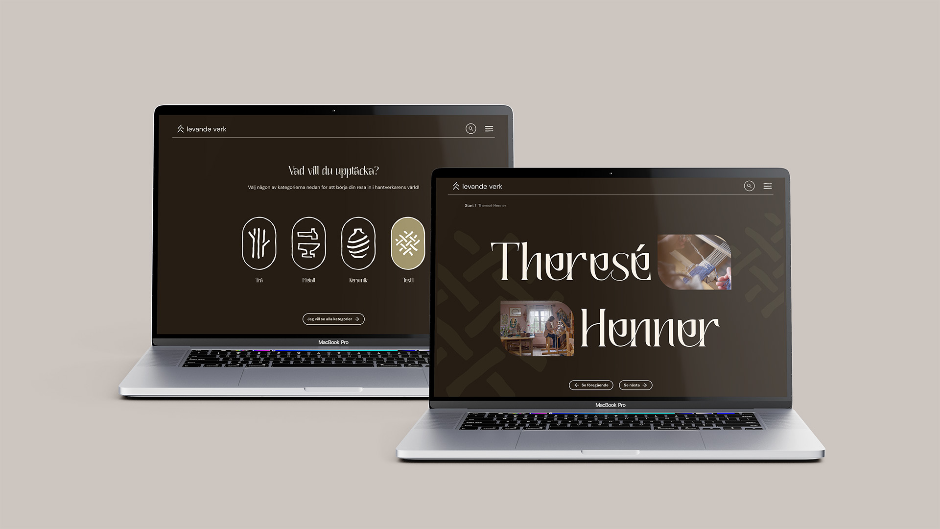 Two laptops showing parts of website for Levande Verk