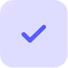 Blue check mark inside a rounded square with light purple background.