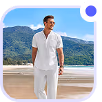 Man in white shirt and pants standing on a beach with mountains in the background.