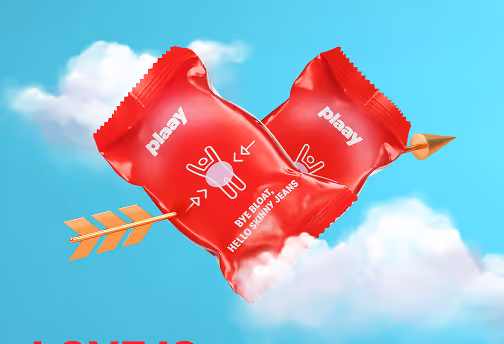 Two red plaay snack bags pierced by an orange arrow, floating in a blue sky with white clouds.