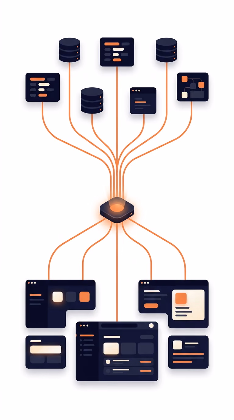 Central node connecting various databases and user interface elements with orange lines on a white background.